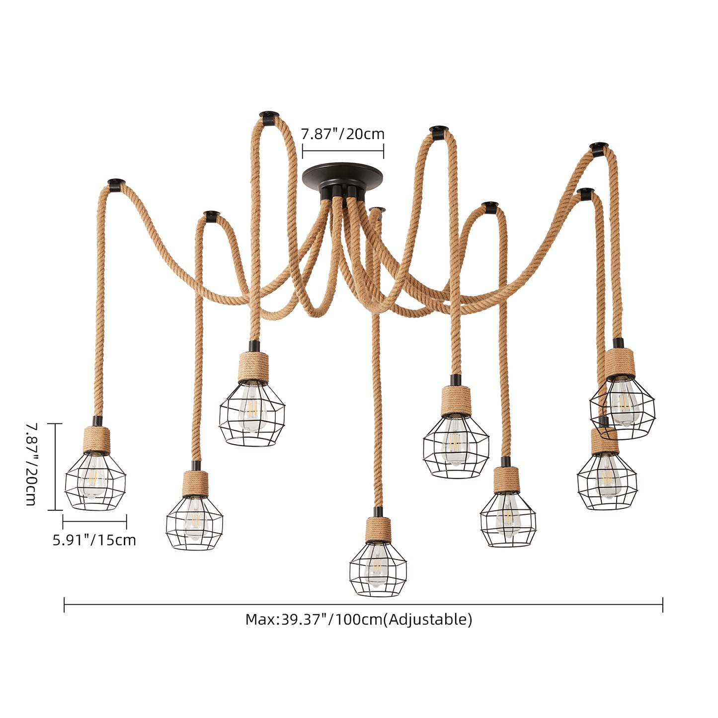 Industrial Hemp Rope Spider Chandelier - Multi-Light Cage Pendant Lamp