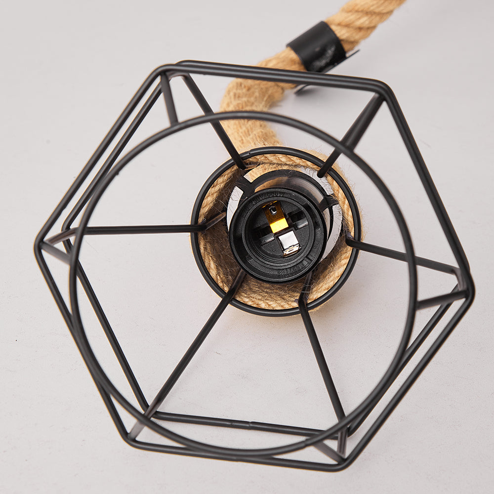 Industrial Hemp Rope Spider Chandelier - Multi-Light Cage Pendant Lamp