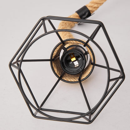 Industrial Hemp Rope Spider Chandelier - Multi-Light Cage Pendant Lamp