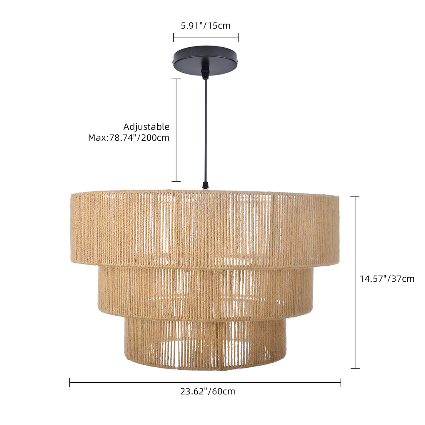 Modern 3-Tier Natural Jute Rope Chandelier - Layered Boho Drum Pendant Light