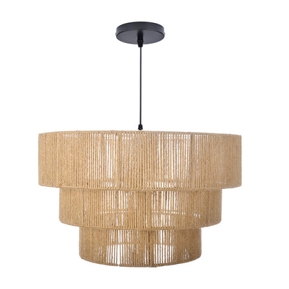 Modern 3-Tier Natural Jute Rope Chandelier - Layered Boho Drum Pendant Light