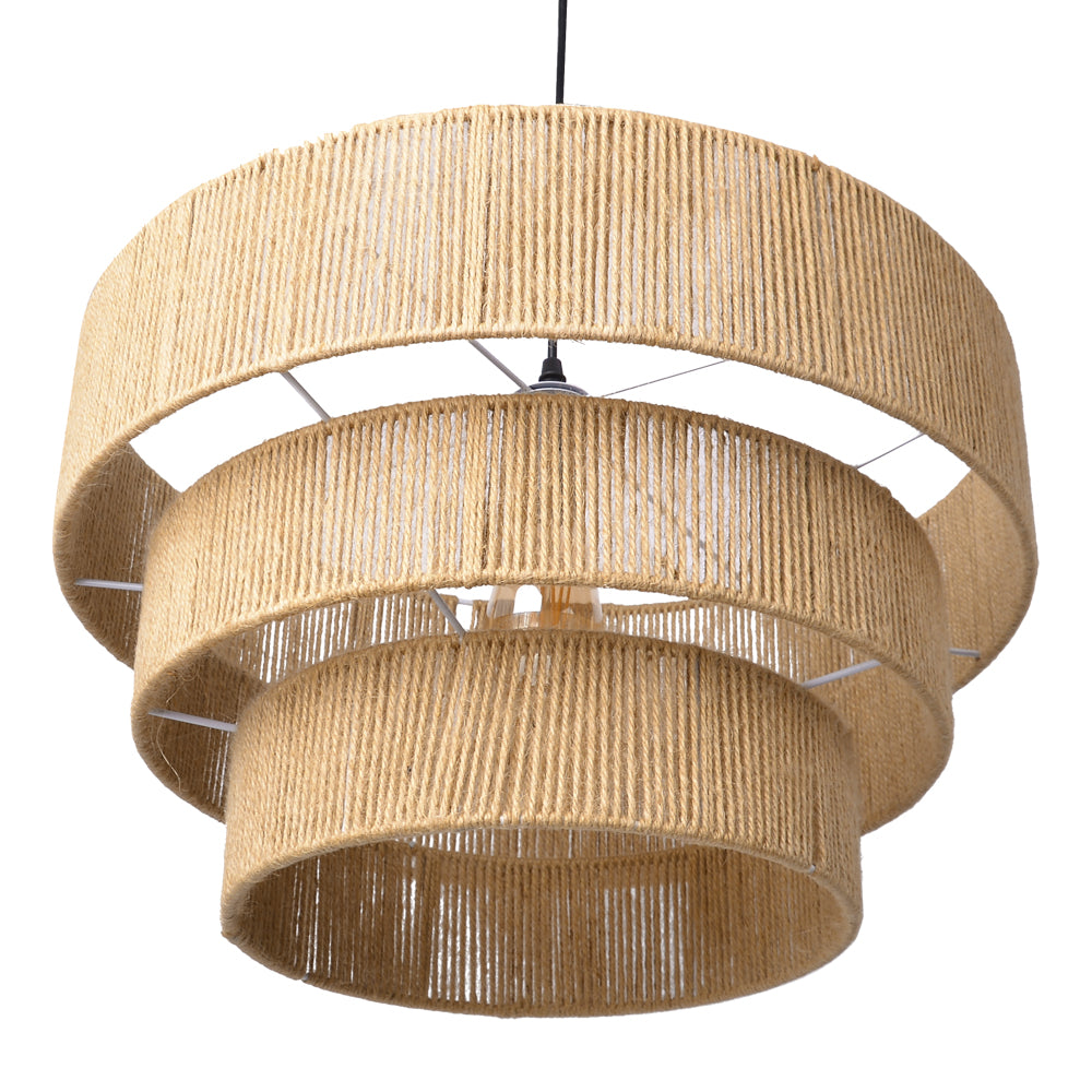 Modern 3-Tier Natural Jute Rope Chandelier - Layered Boho Drum Pendant Light