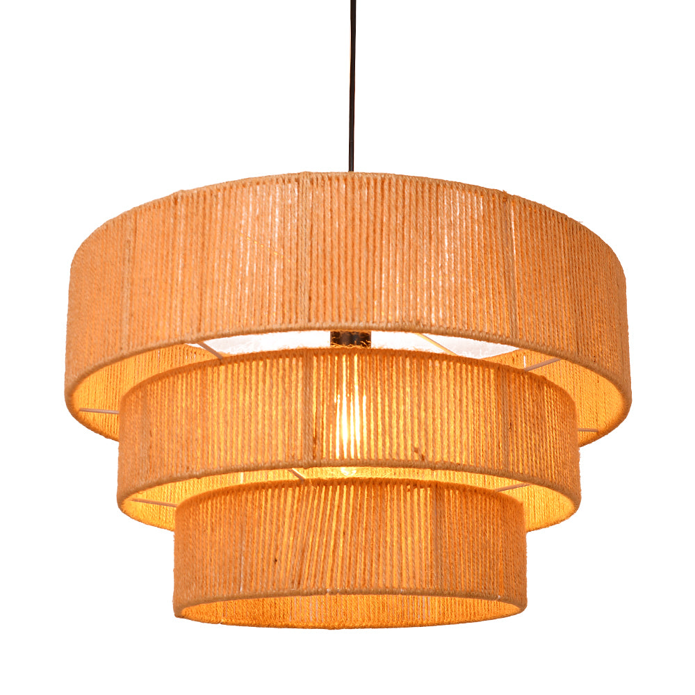 Modern 3-Tier Natural Jute Rope Chandelier - Layered Boho Drum Pendant Light