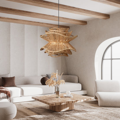 Flower Rattan Pendant Light, Wicker Lampshade Chandelier