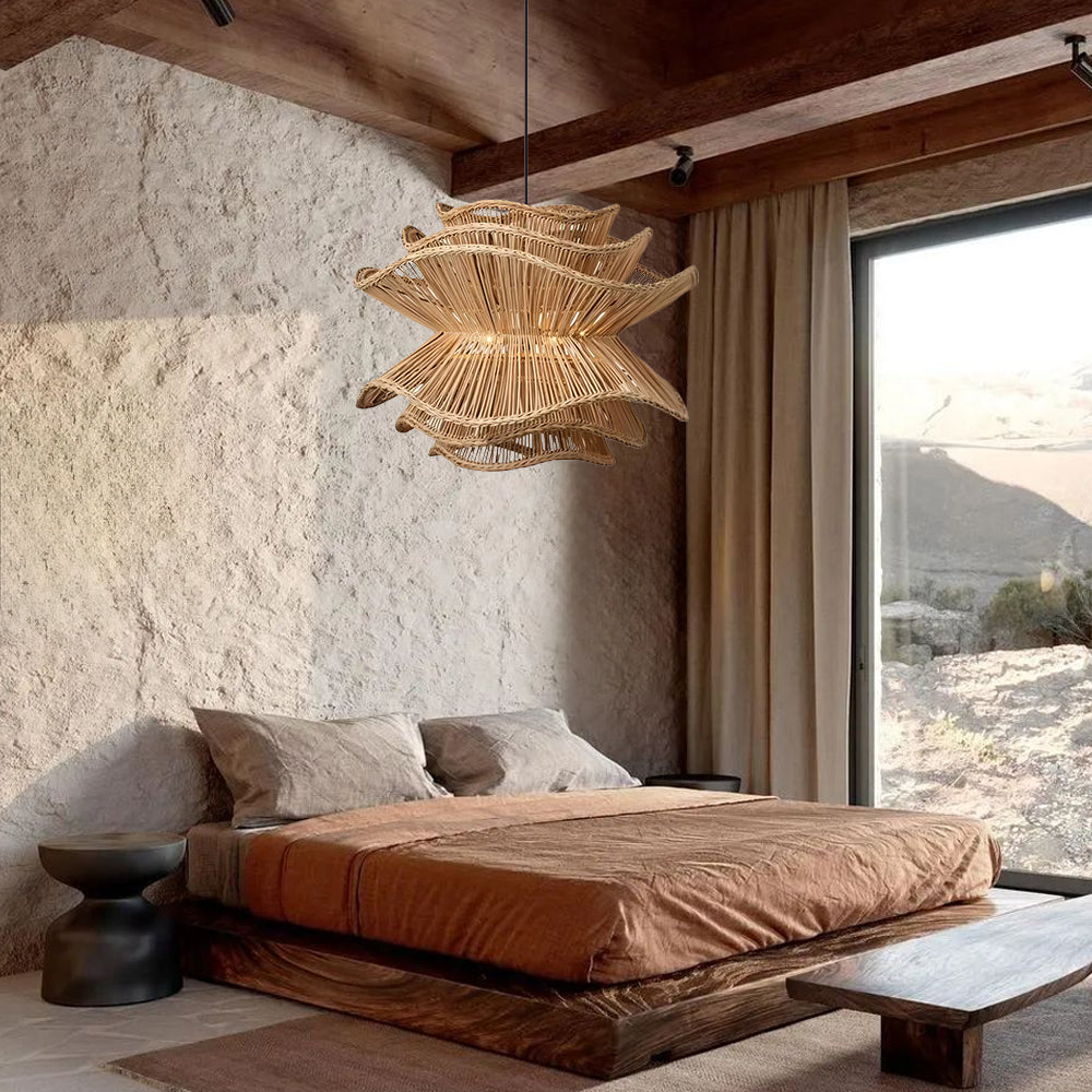 Flower Rattan Pendant Light, Wicker Lampshade Chandelier