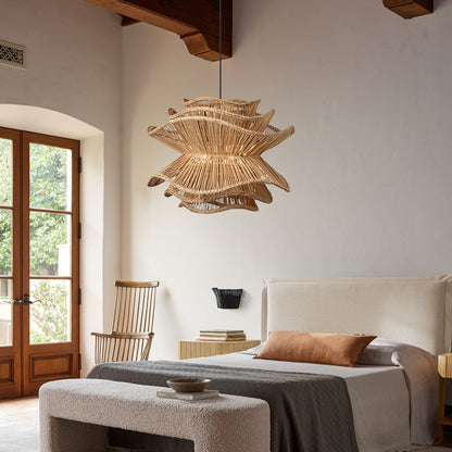 Flower Rattan Pendant Light, Wicker Lampshade Chandelier-[Modern pendant lighting for bedroom and living space]-Demolights UK