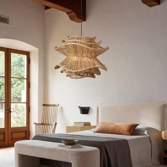 Flower Rattan Pendant Light, Wicker Lampshade Chandelier-[Modern pendant lighting for bedroom and living space]-Demolights UK