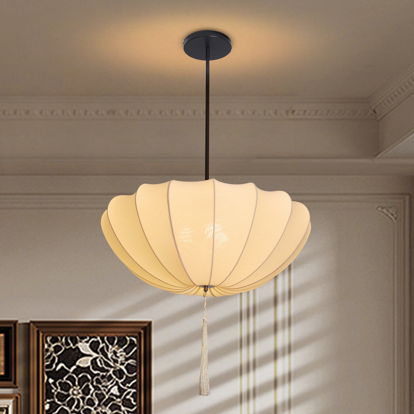 Fabric Pumpkin Pendant Light with Tassel - Zen Japandi Chandelier