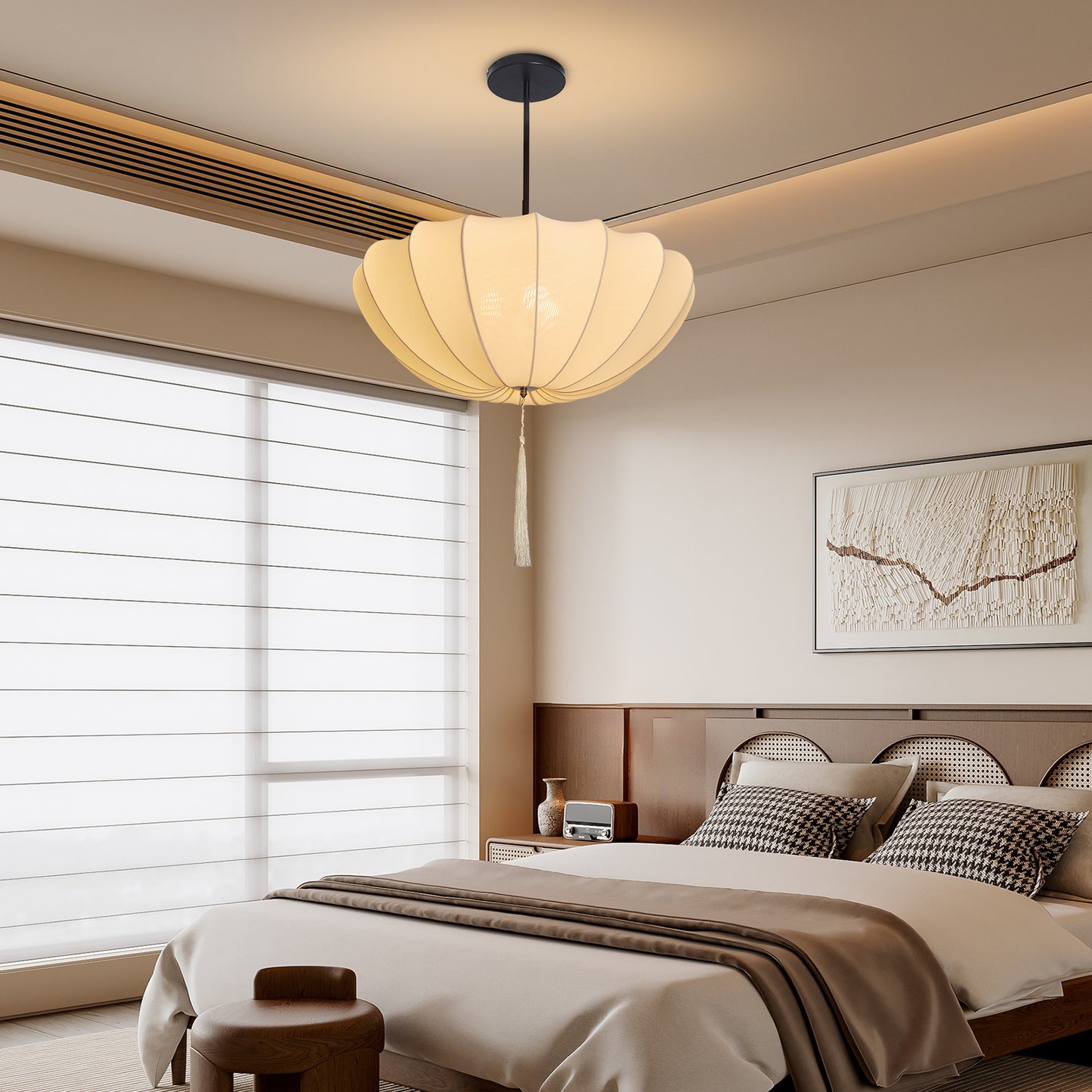 Fabric Pumpkin Pendant Light with Tassel - Zen Japandi Chandelier