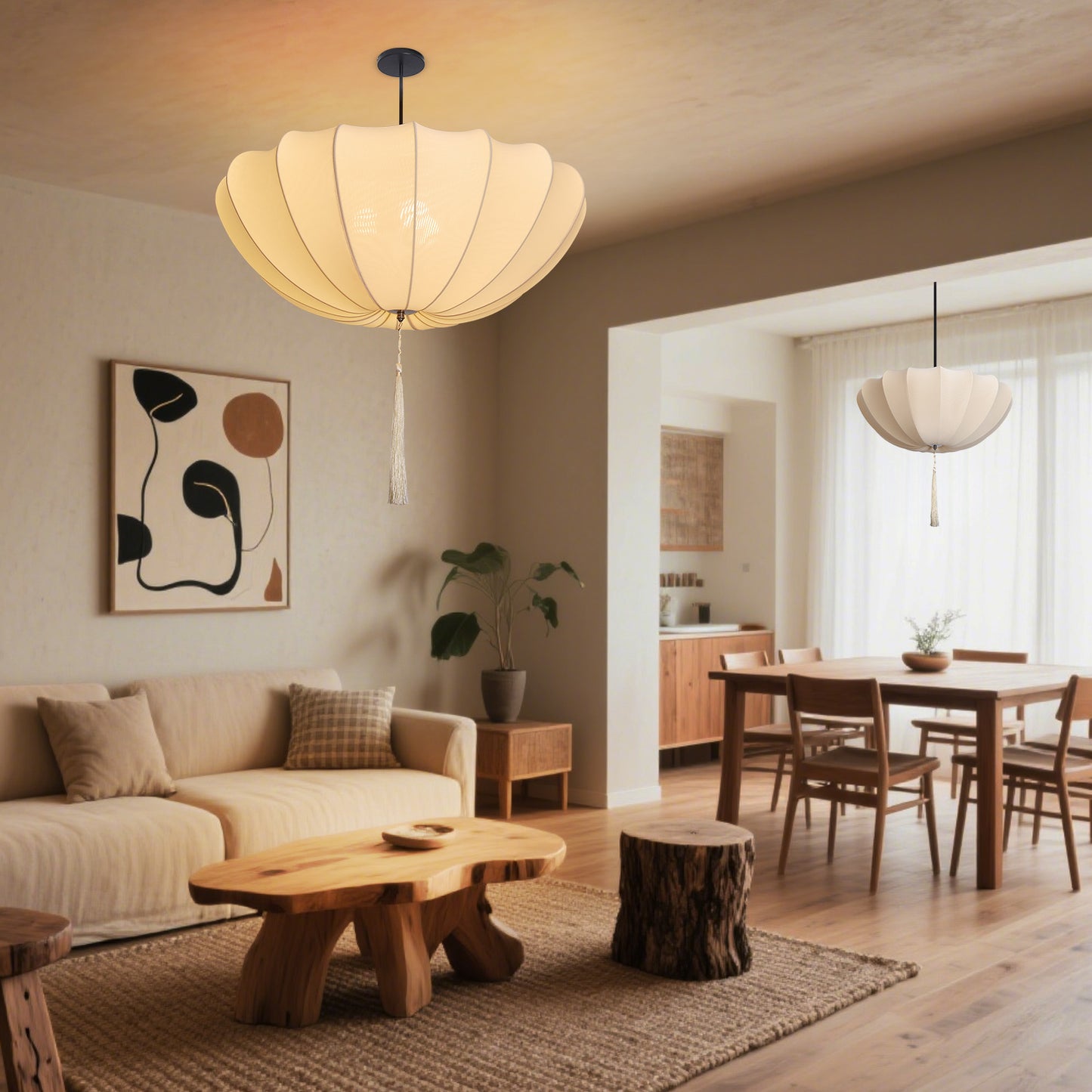 Fabric Pumpkin Pendant Light with Tassel - Zen Japandi Chandelier