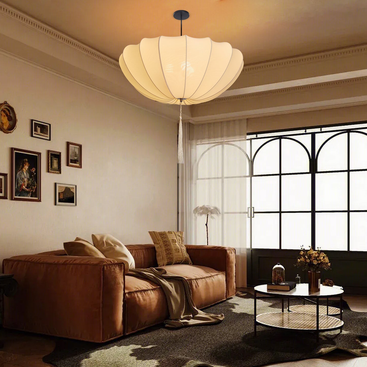 Fabric Pumpkin Pendant Light with Tassel - Zen Japandi Chandelier