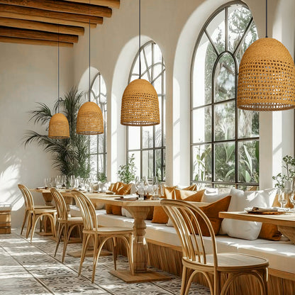 Modern Hand-Woven Straw Pendant Light - Japandi Open Weave Dome Lamp