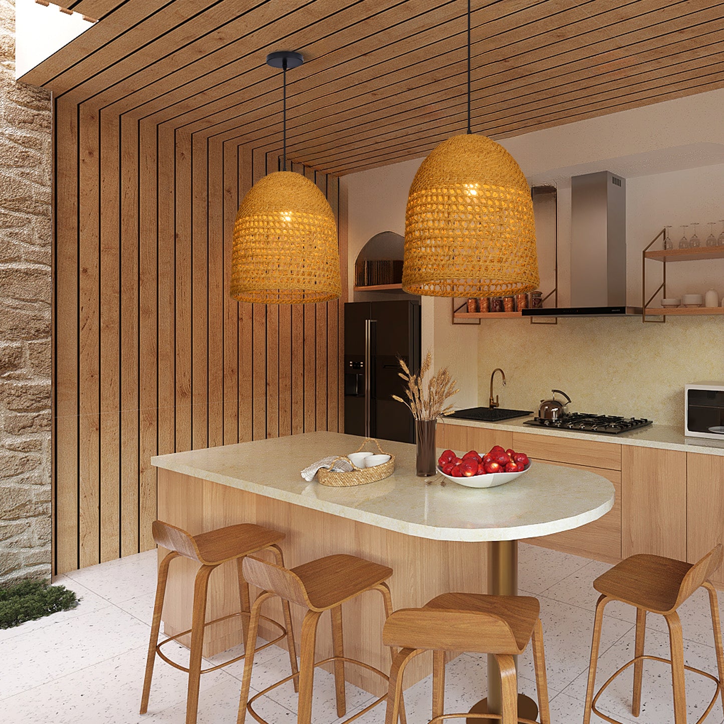Modern Hand-Woven Straw Pendant Light - Japandi Open Weave Dome Lamp