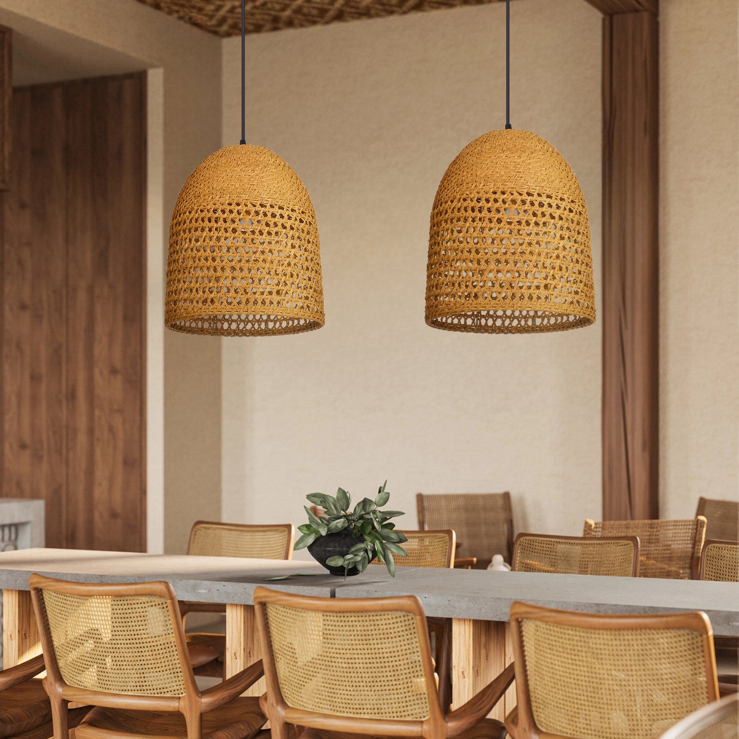 Modern Hand-Woven Straw Pendant Light - Japandi Open Weave Dome Lamp