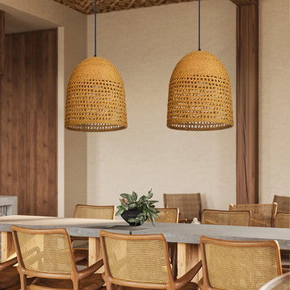 Modern Hand-Woven Straw Pendant Light - Japandi Open Weave Dome Lamp