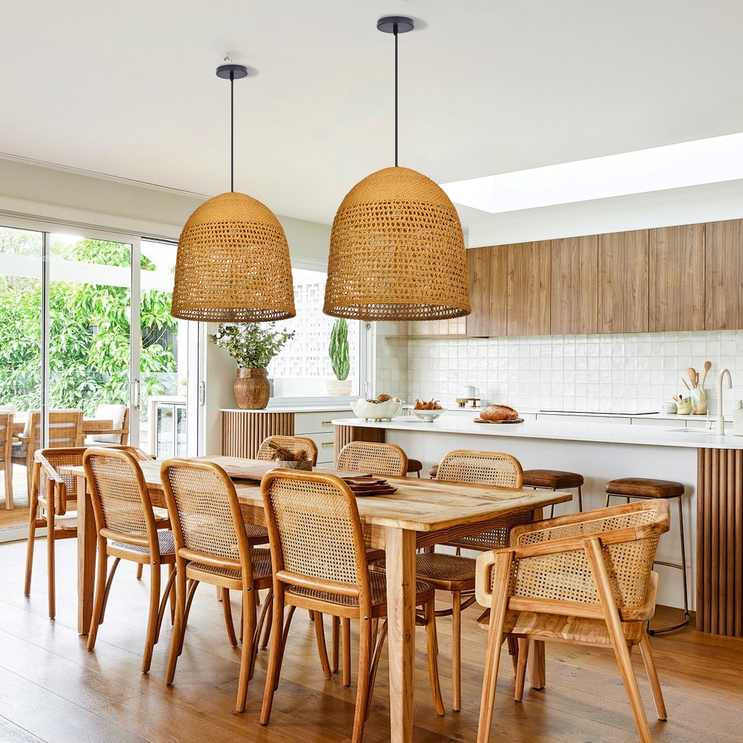 Modern Hand-Woven Straw Pendant Light - Japandi Open Weave Dome Lamp