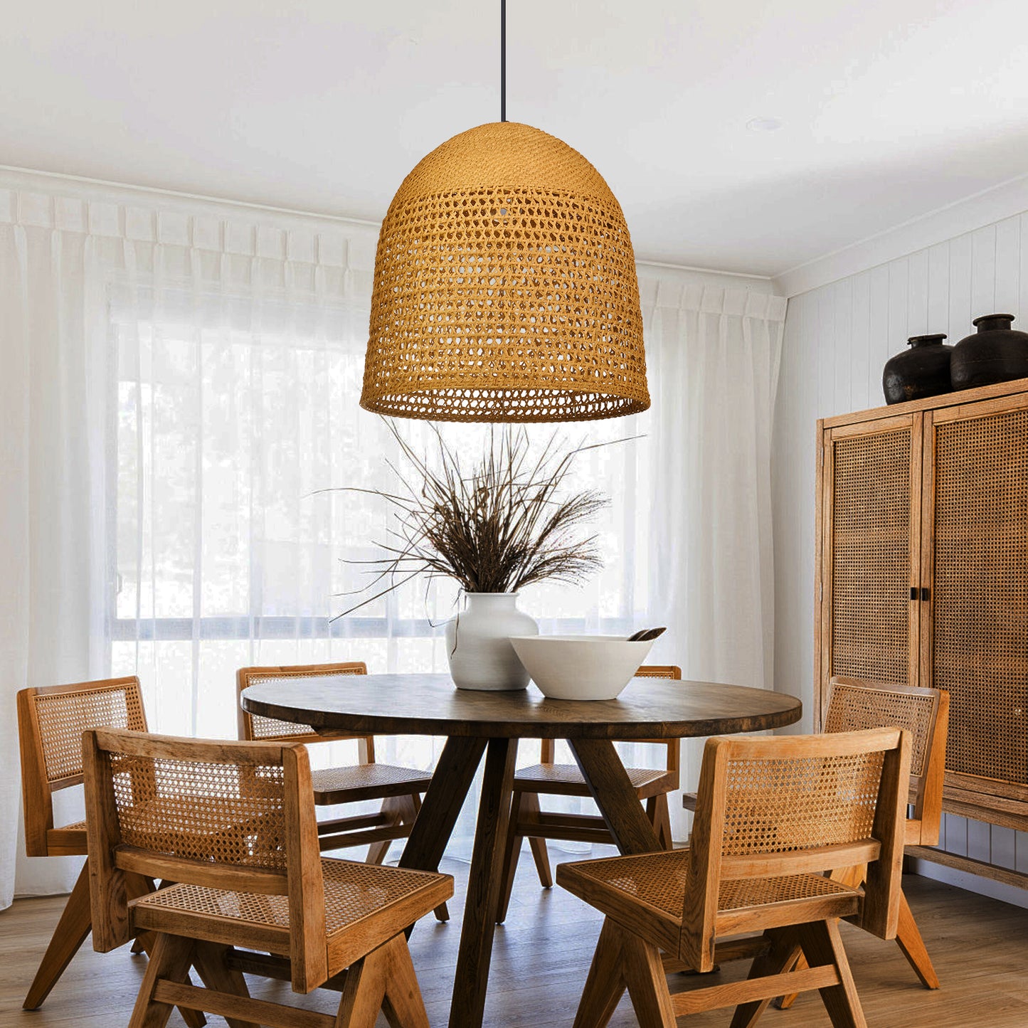 Modern Hand-Woven Straw Pendant Light - Japandi Open Weave Dome Lamp