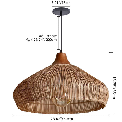 Wabi-sabi Retro Rattan Pendant Wicker Light Fixture Hand-Woven Coastal Boho Dome Lamp
