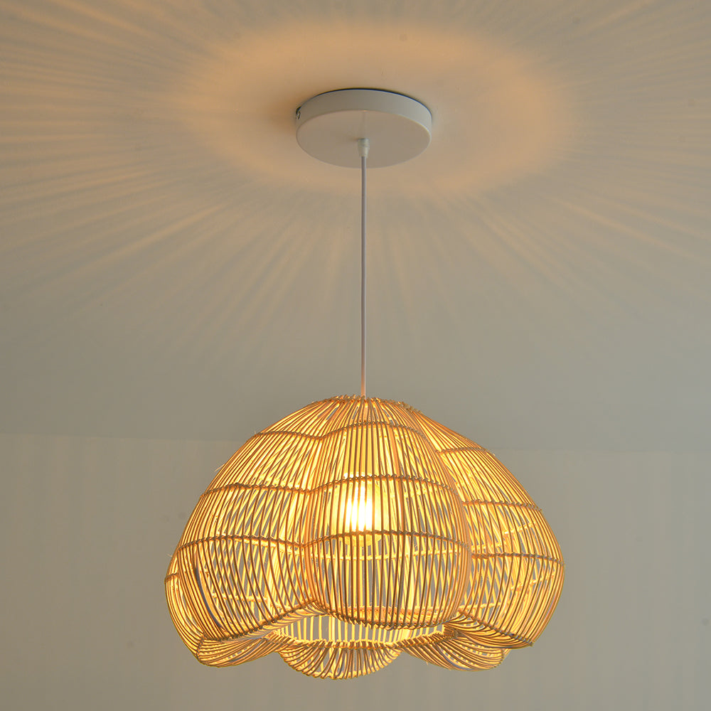 Modern Hand-Woven Rattan Scalloped Pendant Light - Japandi Fluted Dome Chandelier