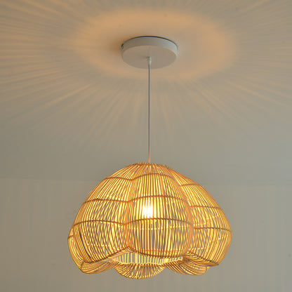 Modern Hand-Woven Rattan Scalloped Pendant Light - Japandi Fluted Dome Chandelier