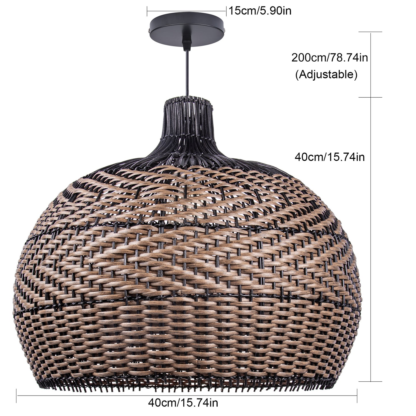Two-Tone Rattan Pendant Light - Black & Natural Woven Bell Chandelier
