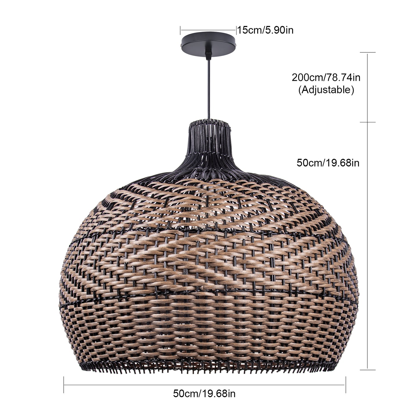 Two-Tone Rattan Pendant Light - Black & Natural Woven Bell Chandelier
