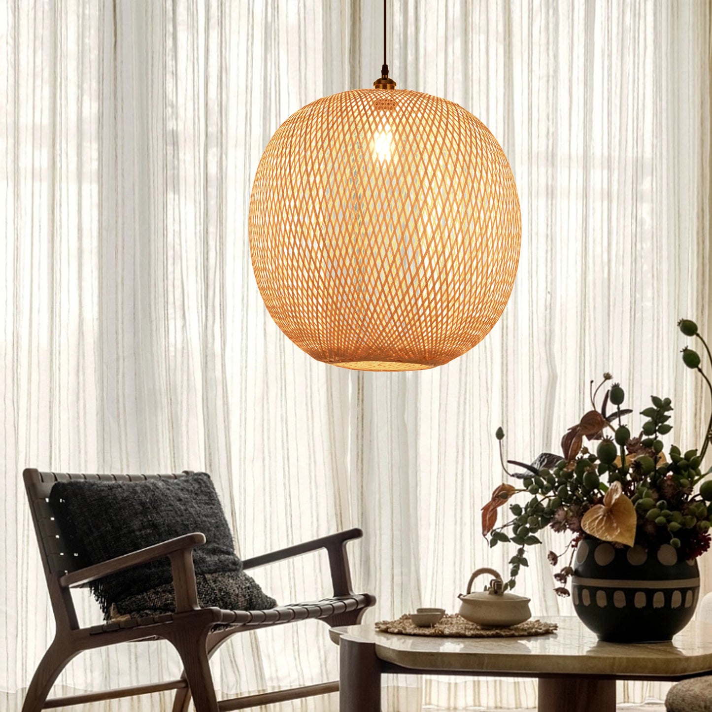 Natural Bamboo Hand-Woven Pendant Light-[Modern pendant lighting for bedroom and living space]-Demolights UK