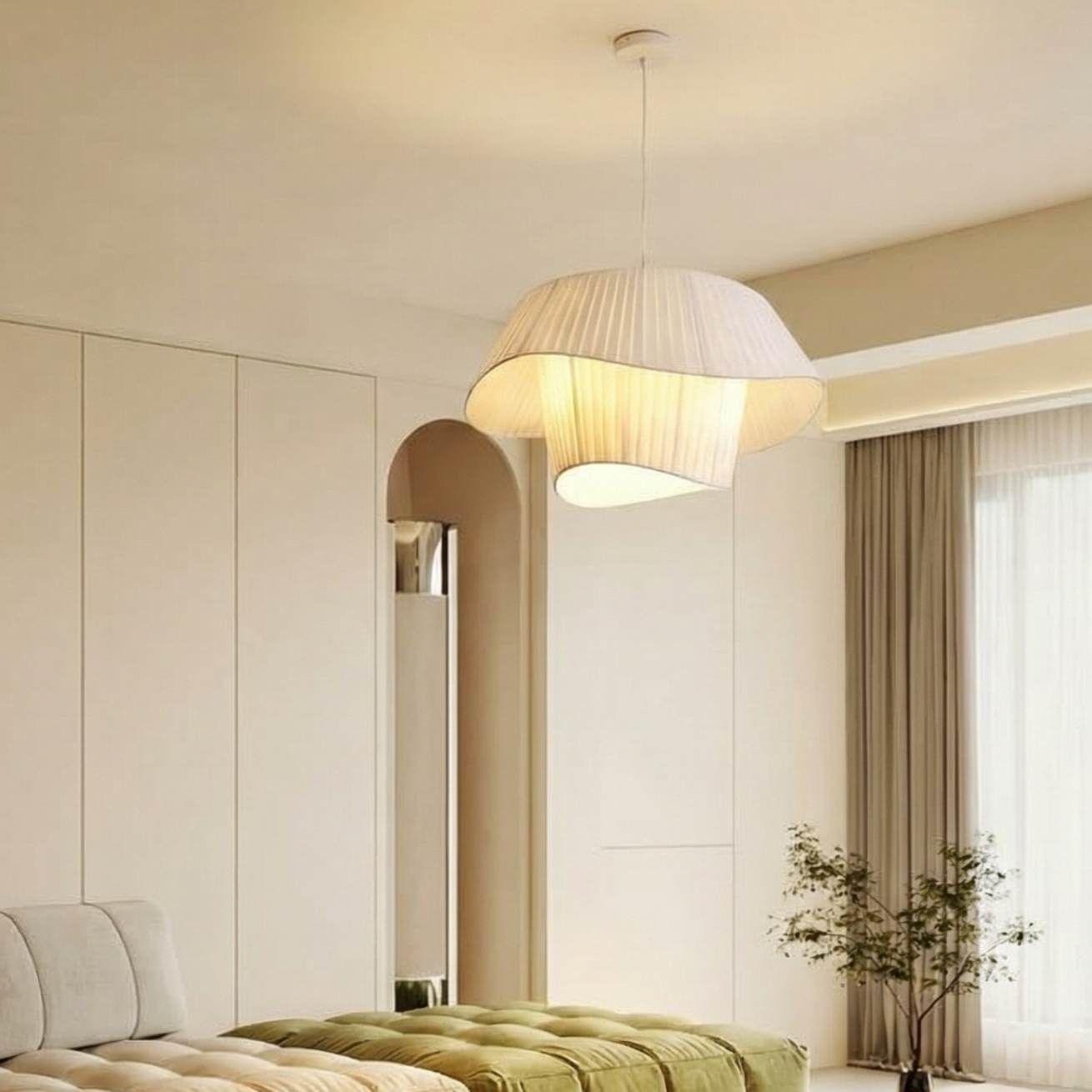 Modern Layered Wavy Pleated Fabric Pendant Light - Japandi Drum Chandelier