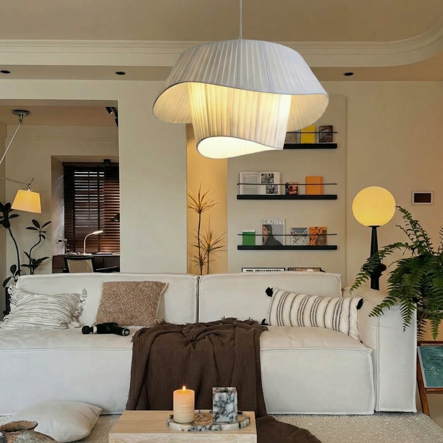 Modern Layered Wavy Pleated Fabric Pendant Light - Japandi Drum Chandelier