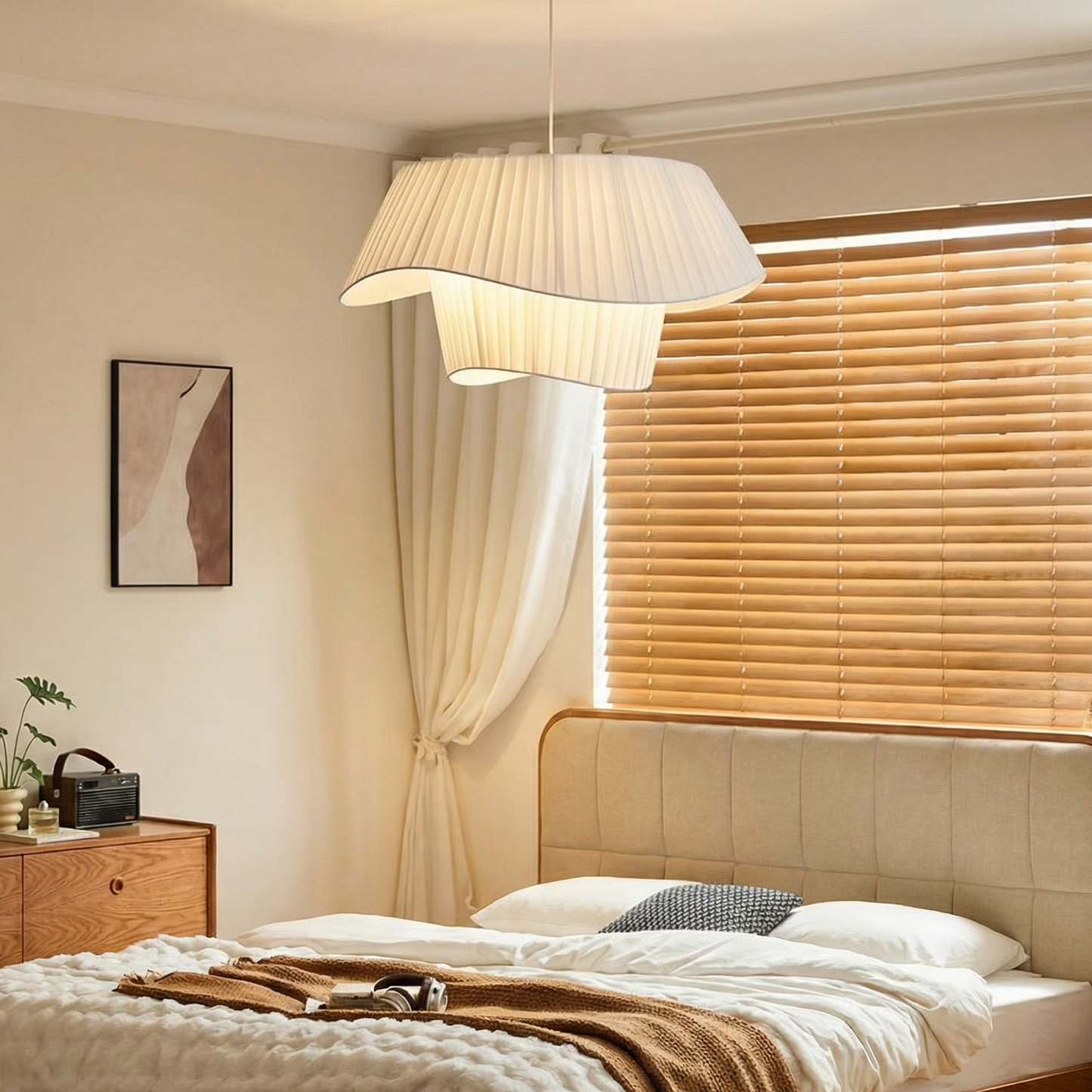 Modern Layered Wavy Pleated Fabric Pendant Light - Japandi Drum Chandelier