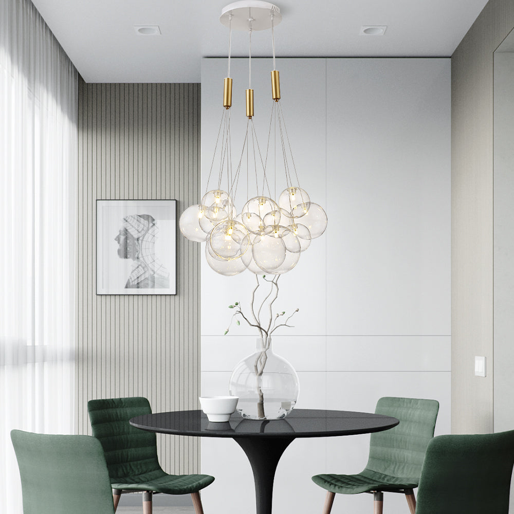 Modern Cascading Glass Globe Chandelier - Multi-Light Brass Pendant Ceiling Lamp
