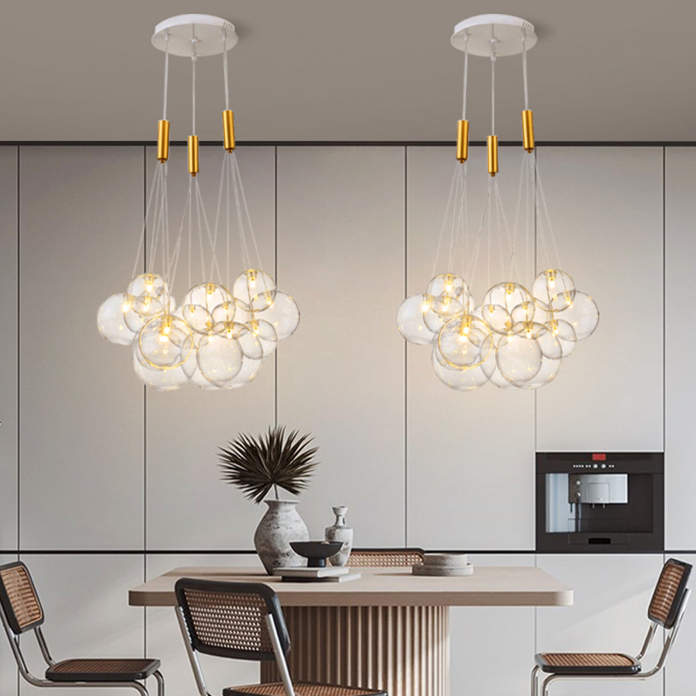 Modern Cascading Glass Globe Chandelier - Multi-Light Brass Pendant Ceiling Lamp