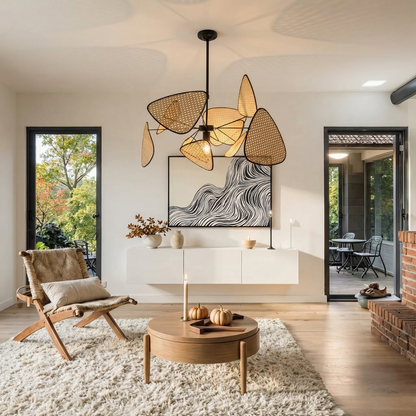Modern Rattan Pendant Light – Artistic Multi-Leaf Woven Chandelier for Dining & Living Room