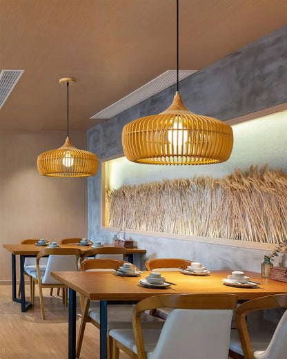 Modern Slatted Wood Pendant Light - Nordic Pumpkin Wood Chandelier