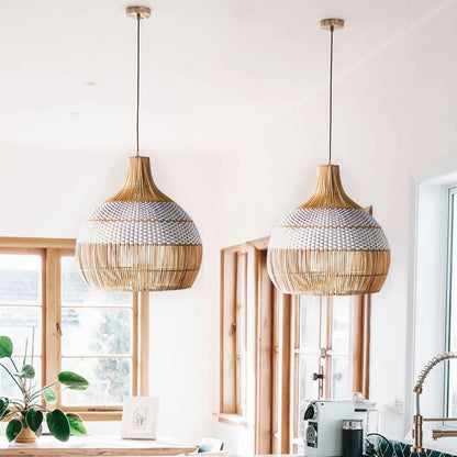 White Hand-Woven Rattan Pendant Light Woven Rattan Lampshade 30CM Small Boho Light