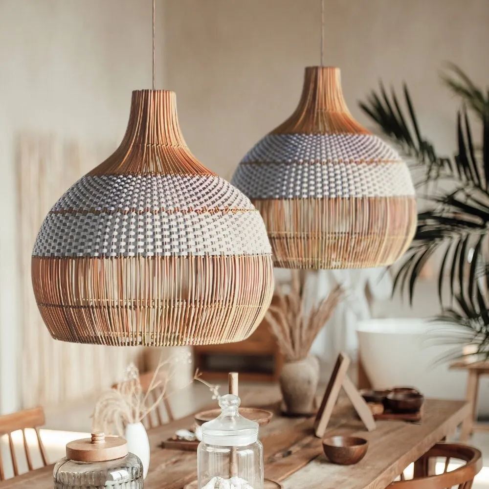 White Hand-Woven Rattan Pendant Light Woven Rattan Lampshade 30CM Small Boho Light