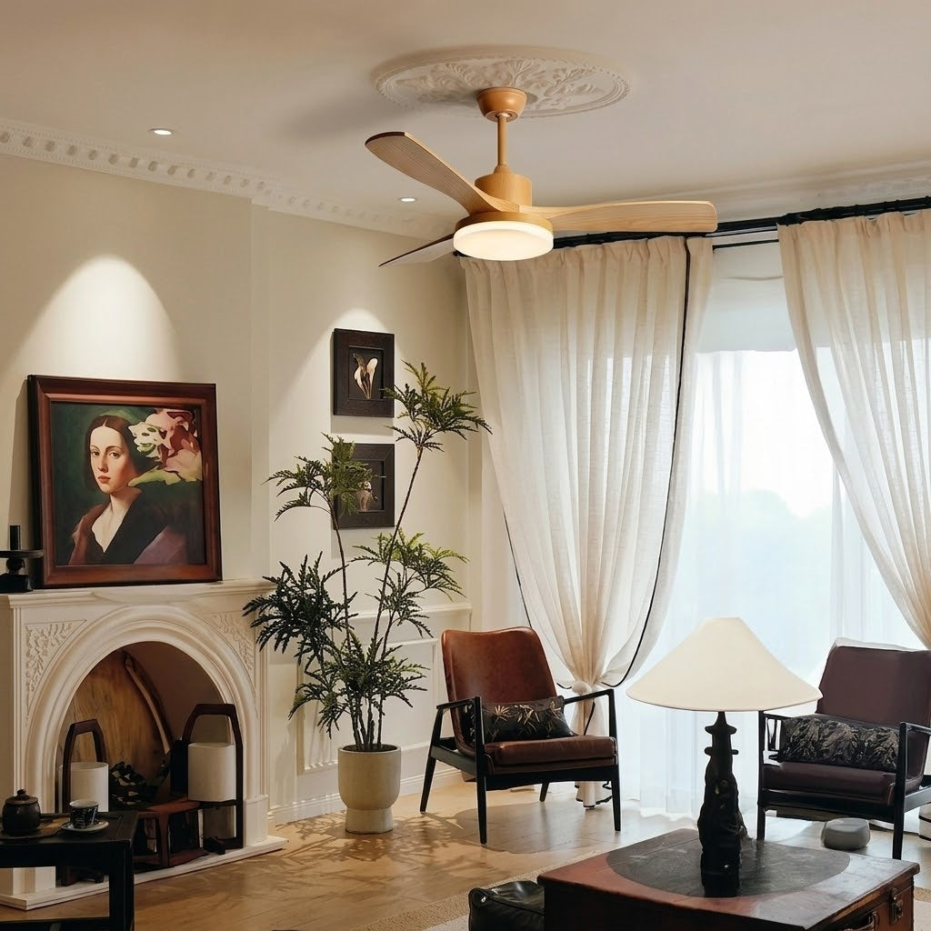 Modern Style Ceiling Fan with Light Natural Wood Finish & LED for Bedroom