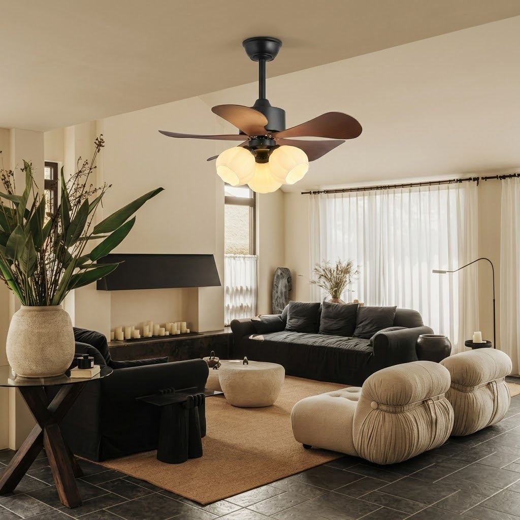 Nordic Wood Effect Ceiling Fan with Light & Hanging Rod for Bedroom & Living Room