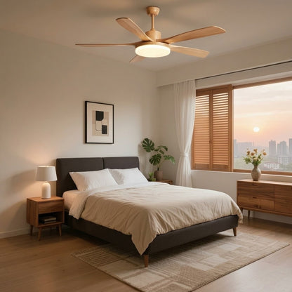 Modern Style Ceiling Fan with Light Natural Wood Finish & LED for Bedroom