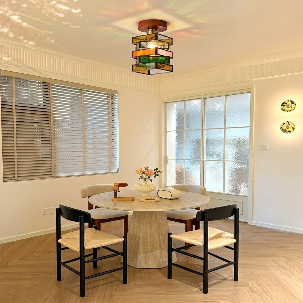Handcrafted Vintage Geometric Stained Glass Ceiling Light