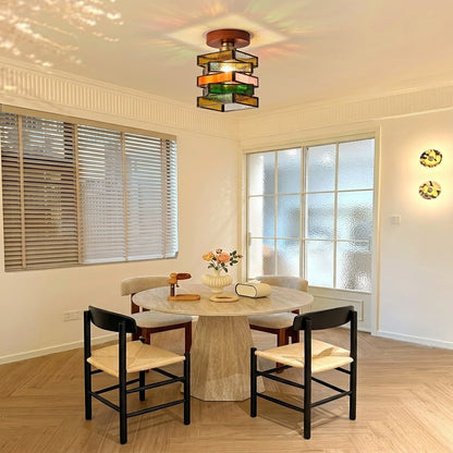 Handcrafted Vintage Geometric Stained Glass Ceiling Light