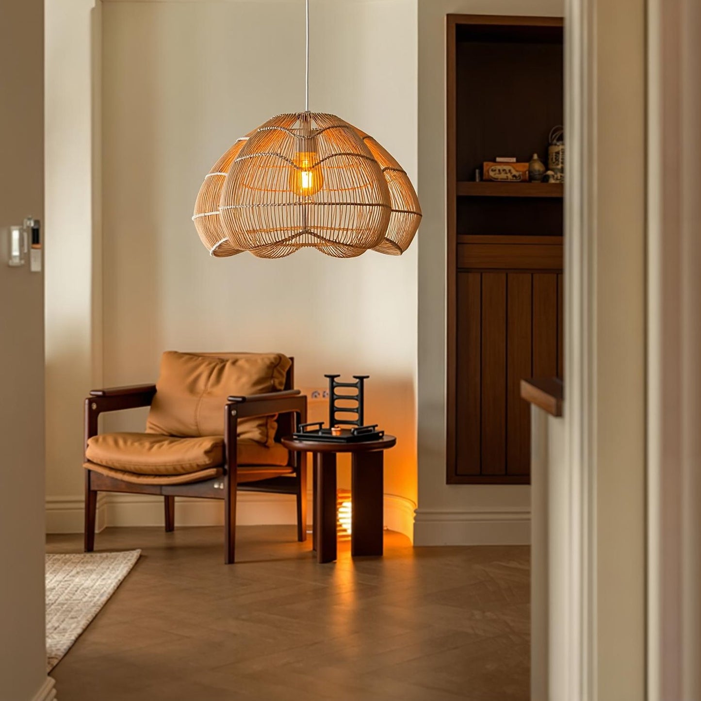 Modern Hand-Woven Rattan Scalloped Pendant Light - Japandi Fluted Dome Chandelier