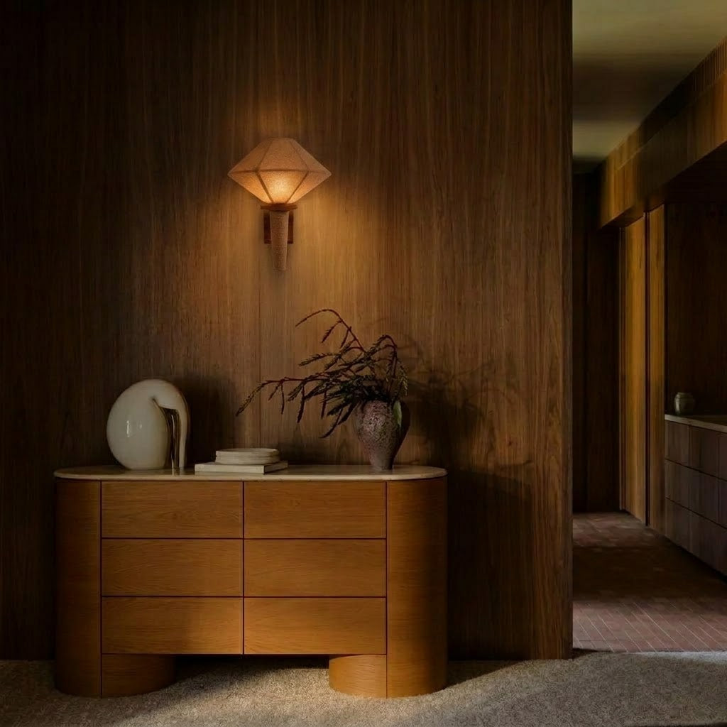 Natural Wood Fabric Geometric Japandi Wall Sconce