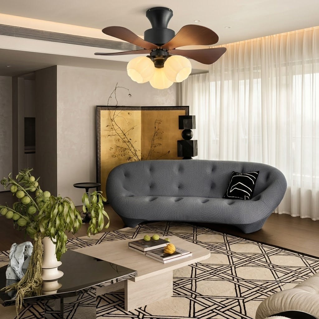 Nordic Wood Effect Ceiling Fan with Light, Frosted Flower Glass Shades for Bedroom & Living Room