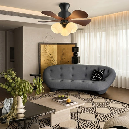 Nordic Wood Effect Ceiling Fan with Light, Frosted Flower Glass Shades for Bedroom & Living Room