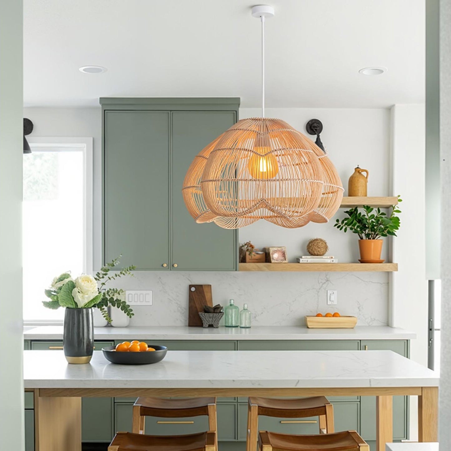 Modern Hand-Woven Rattan Scalloped Pendant Light - Japandi Fluted Dome Chandelier