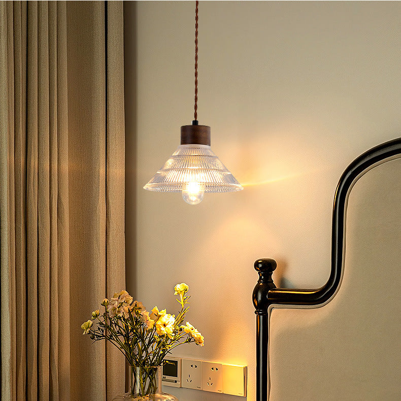 Light Luxury Simple Walnut Wood and Glass Pendant Light for Bedroom