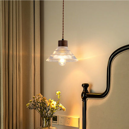 Light Luxury Simple Walnut Wood and Glass Pendant Light for Bedroom