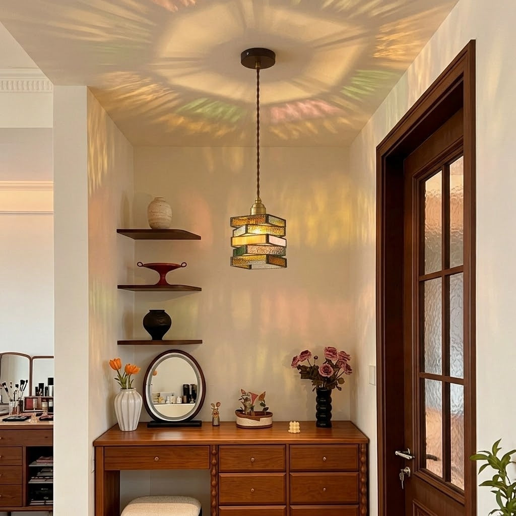 Handcrafted Vintage Geometric Stained Glass Pendant Light
