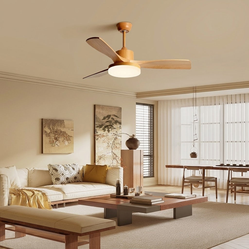 Modern Style Ceiling Fan with Light Natural Wood Finish & LED for Bedroom